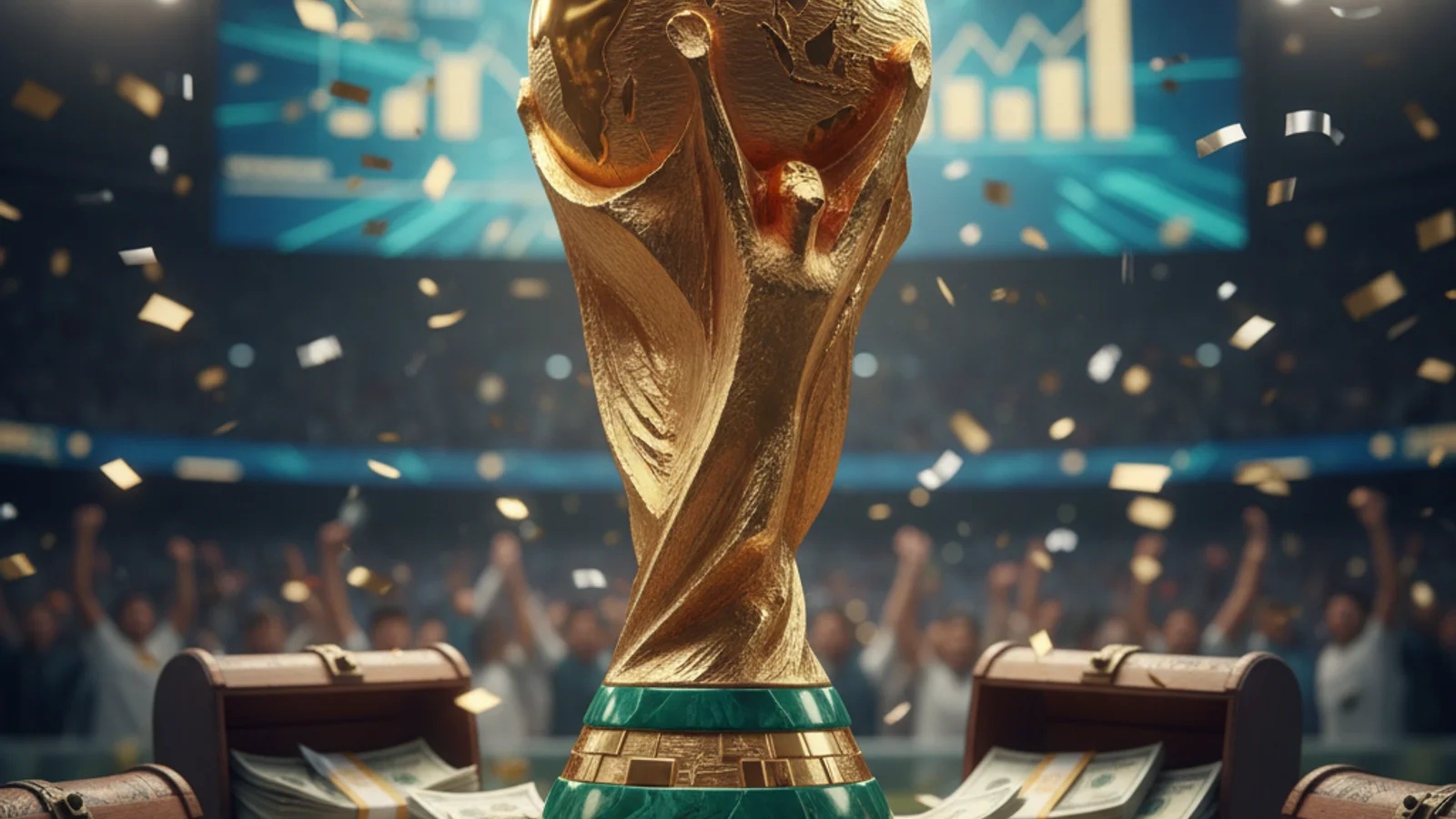Trofeo FIFA del Mundial 2026 sobre cesped iluminado con balon oficial
