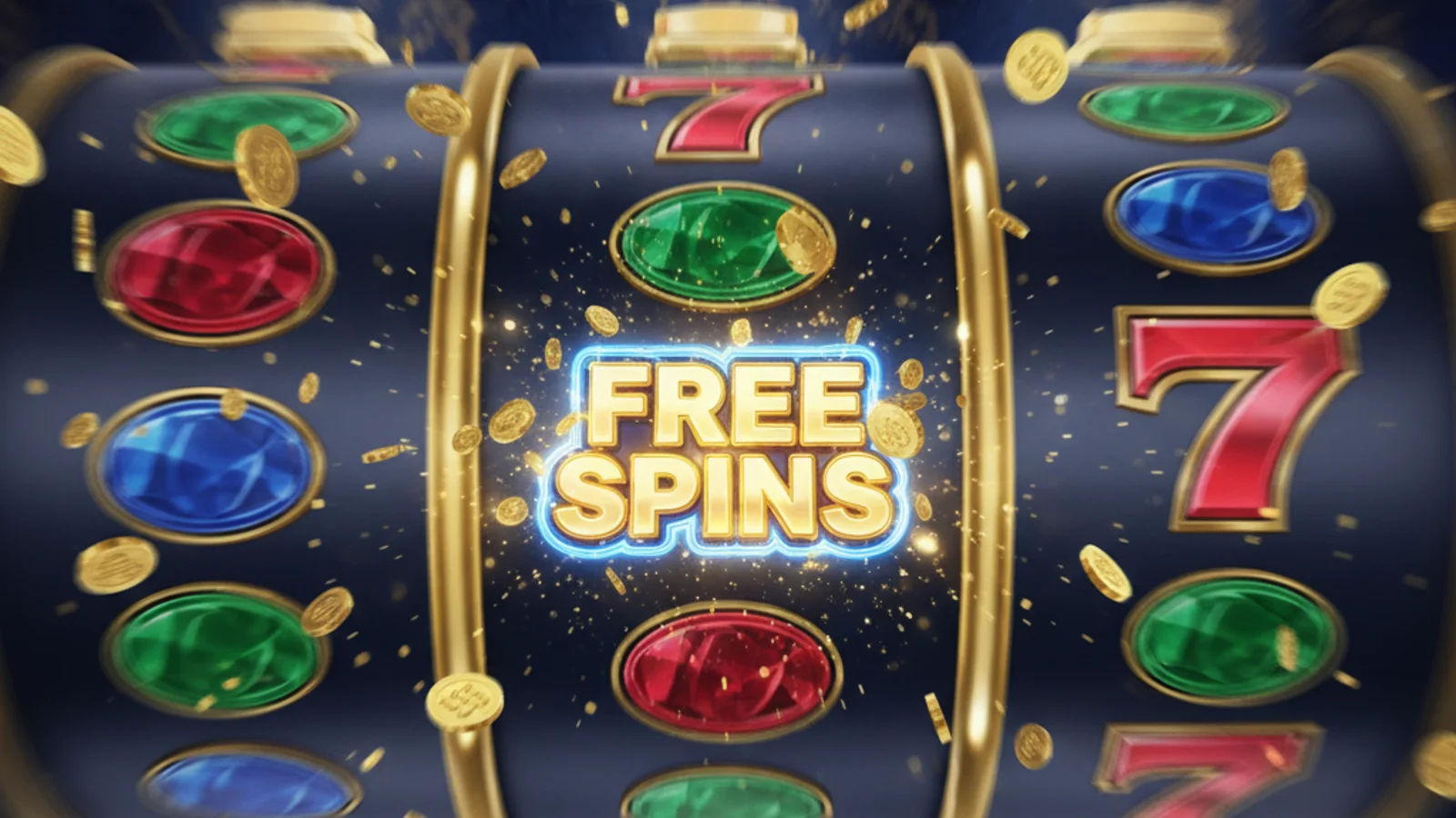 Close-up of colorful slot machine reels spinning with gold coins and sparkles