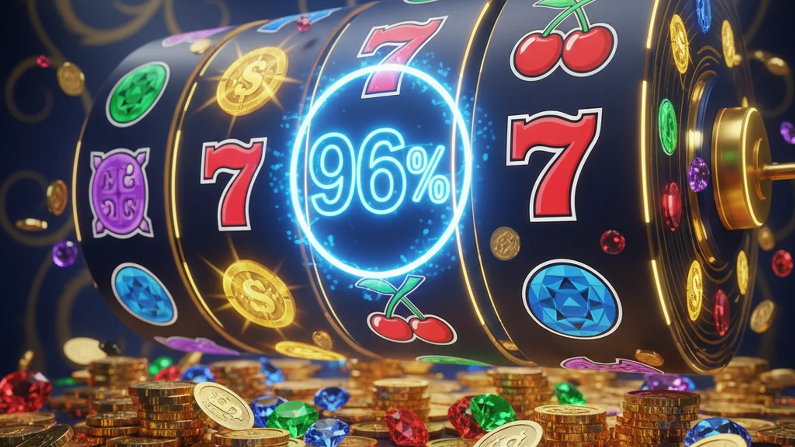 Close-up of colorful slot machine reels spinning with glowing symbols