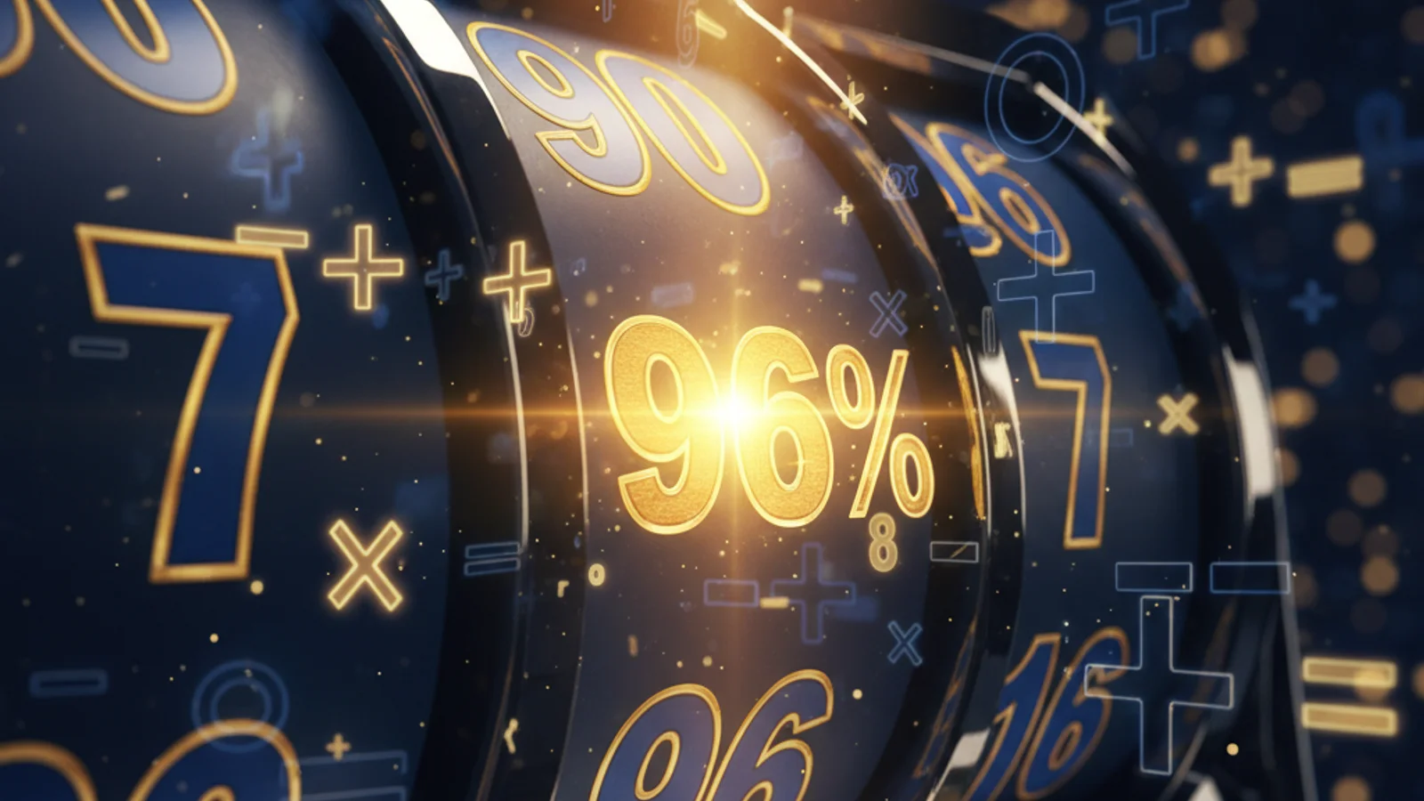 Close-up of casino slot machine reels spinning with glowing numbers and percentages 96% highlighted in gold