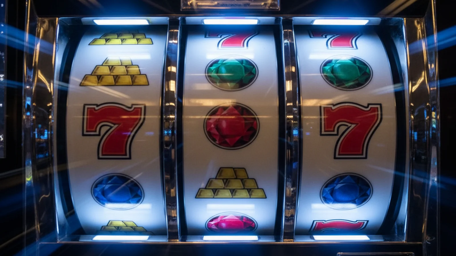 Close-up of slot machine reels spinning with various symbols including gems