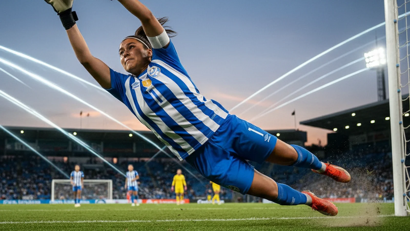 Female soccer goalkeeper in El Salvador national team jersey making a dramatic save