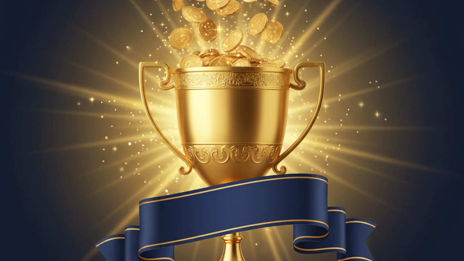 Golden coins cascading from a trophy cup