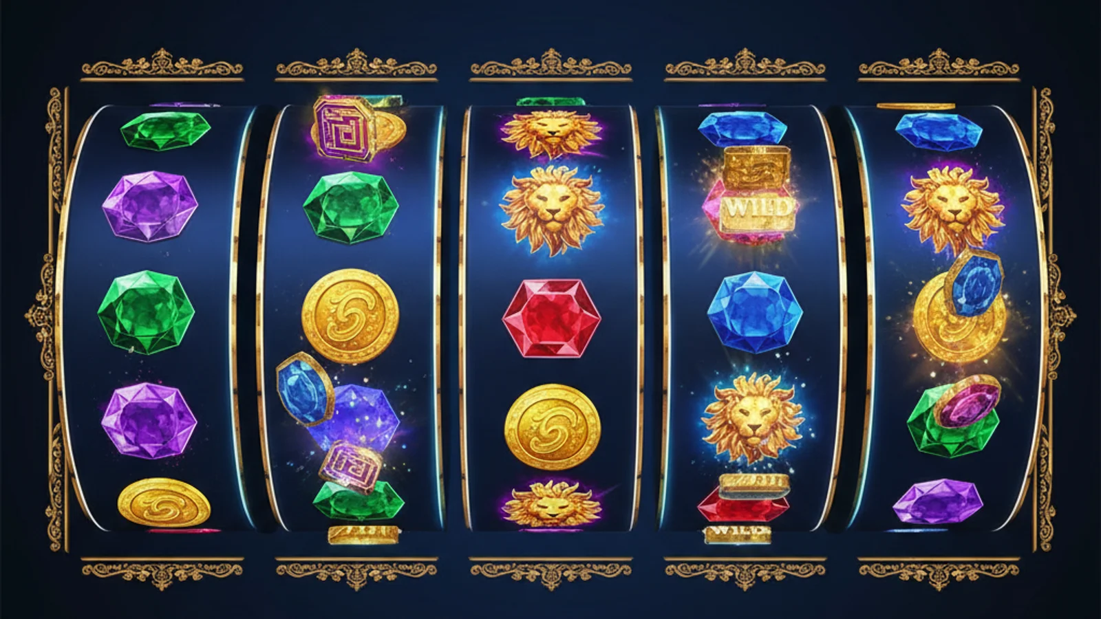 Composite image of slot game reels with Megaways symbols including gems