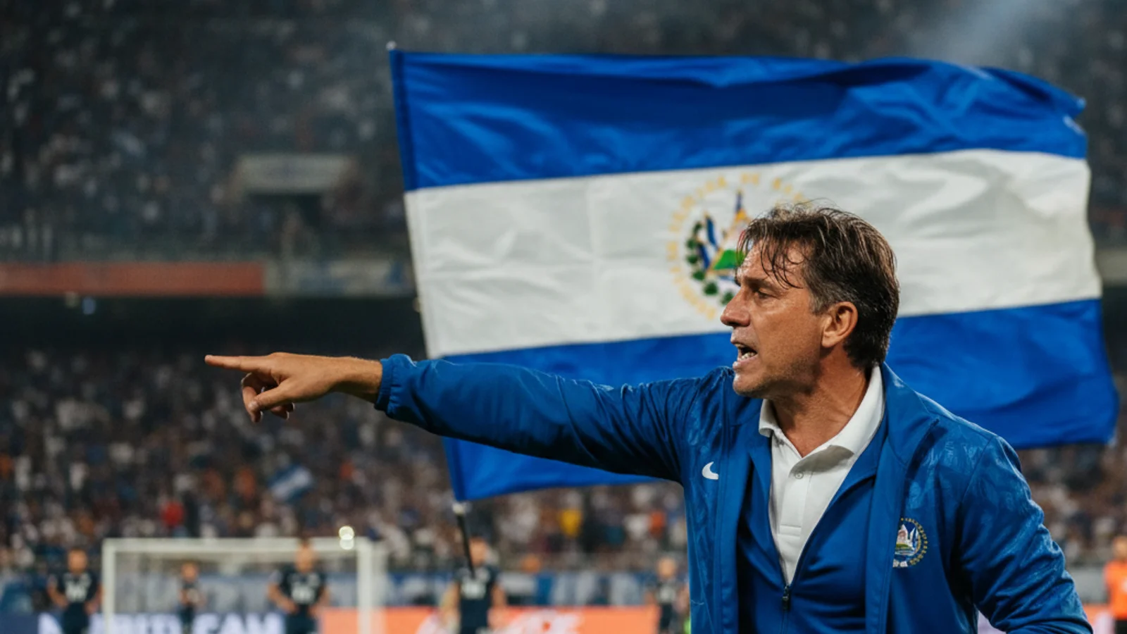 A passionate football coach gesturing tactically on the sideline during an intense match