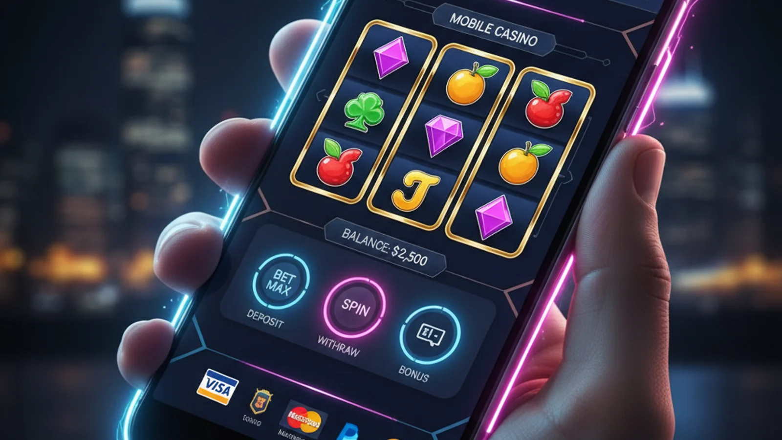 Smartphone displaying a mobile casino interface with colorful slot reels