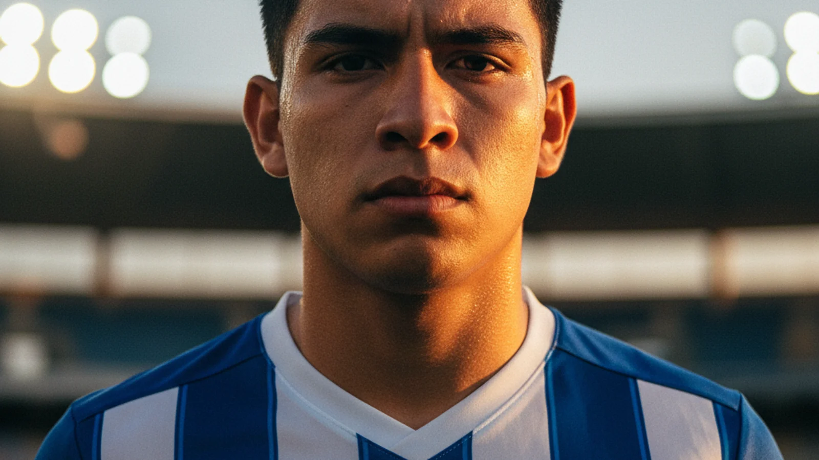 Close-up portrait of a determined young footballer in El Salvador national team blue and white jersey