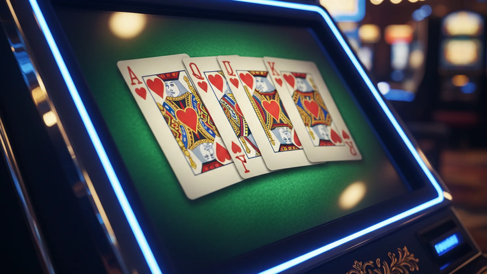 Close-up of video poker machine screen displaying royal flush in hearts